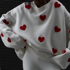 Mqtime Love Embroidered Crewneck Thickened Knitted Sweater Women Pullovers New Korean Long Sleeve Loose Autumn Winter Pullover Sweater Woolen Sweaters, Winter Pullover, Embroidered Crewneck, Heart Sweater, Spring Sweater, Fesyen Hijab, Oversized Pullover, Sweater Brands, Round Neck Sweaters