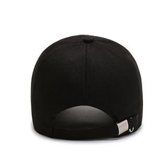 a black baseball cap with white stitching on the front and side panels, sitting against a white background