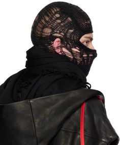 Brushed open knit nylon- and mohair-blend balaclava in black. Rib knit trim at face and collar. Face masks and face coverings are final sale and are not eligible for return or exchange. Supplier color: Black Skull Balaclava, Rick Owens Men, Black Skull, Black Skulls, Face Coverings, Open Knit, Black Rib, Leather Chain, Rick Owens