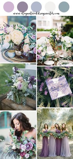 purple and green wedding color palettes with white flowers, greenery and lavender hues