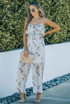 Floral Print Spaghetti Strap Ruffled Wide Leg Jumpsuit Floral Print Jumpsuit, Wide Leg Romper, Floral Jumpsuit, Lace Romper, Floral Style, Wide Leg Jumpsuit, Club Dresses, Affordable Fashion, Couture Fashion