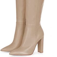 Pointed Toe Thigh High Boot With A Block Heel There Is No Stretch. Very Beautiful Boot Not For A Wide Foot Fitted Beige Boots For Party, Cream Knee-high Winter Boots, Beige Knee-high Heeled Boots With Wide Calf, Beige Knee-high Heeled Boots For Wide Calves, Cream Knee-high Heeled Boots For Fall, Beige Wide Calf Knee-high Heeled Boots, Beige Wide Calf Pointed Toe Heeled Boots, Winter Cream Knee-high Boots, High Shaft Fitted Boots For Work