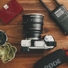 a camera sitting on top of a wooden table next to a succulent plant