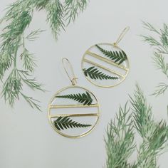 two gold earrings with fern leaves hanging from them on top of evergreen tree branches in front of white background