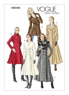 MISSES COAT: Lined, fitted coat has double-breasted buttoned or snap closing. Princess seams and shoulder pads. A: below hip length, contrast upper collar. B: 2-Inch above mid-knee length. C: 1-Inch above ankle length. D: mid-calf length. E: 6-Inch above ankle length, contrast fake fur upper collar. NOTIONS: Coat A, B, C, D, E: 1/2-Inch Shoulder Pads or Vogue #9723. Coat A, B: Four 1-1/4-Inch Buttons and Four 3/4-Inch Snaps. Coat C, D, E: Six-3/4-Inch Snaps. Coat D, E: Six 1-1/4-Inch Buttons. FA Coat Sewing Pattern, Fit And Flare Coat, Coat Sewing, Shawl Collar Coat, Coat Pattern Sewing, Fitted Coat, Vogue Sewing, Vogue Sewing Patterns, Vogue Pattern