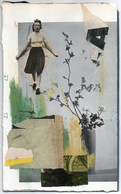 an altered collage shows a woman in mid - air, with flowers and other objects