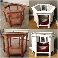 four different pictures of dog beds made from old furniture