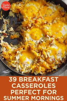 breakfast casserole in a skillet with text overlay reading 39 breakfast casseroles perfect for summer mornings