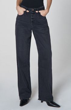 A baggy wide-leg silhouette lends laid-back charm to these high-waist jeans made from nonstretch denim in the perfect faded black wash. 32" inseam; 18" leg opening; 12 1/2" front rise; 15 1/2" back rise Zip fly with button closure Five-pocket style 100% cotton Machine wash, line dry Imported Chic Wide Leg Washed Black Flare Jeans, Chic Wide Leg Flare Jeans In Washed Black, Black Flare Jeans For Spring Everyday Wear, Relaxed Fit Washed Black Full Length Flare Jeans, Relaxed Fit Full Length Washed Black Flare Jeans, Washed Black Relaxed Fit Flare Jeans, Washed Black Relaxed Fit Full Length Flare Jeans, Black High Waist Relaxed Fit Flare Jeans, Black Flare Jeans For Everyday Fall Wear