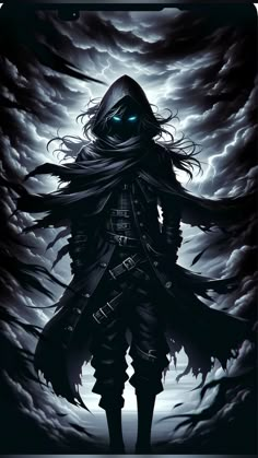 an anime character with long hair and blue eyes standing in front of a dark background