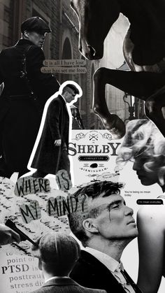 black and white collage with images of men, women and horses in the background