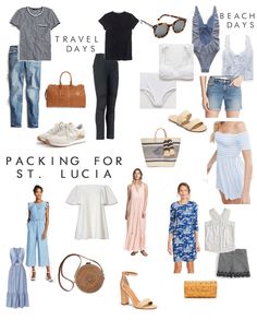 the back to school packing list for st lucia is full of clothes, shoes and accessories