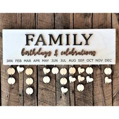 "Keep track of family birthdays, anniversaries, and other special days with this wood 3D sign. Features the words \"Family birthdays & celebrations\" in 3D letters, while the months are laser engraved along the bottom. We only use hand selected birch plywood for our signs. Choose the quantity of tags (circles and hearts) to hang underneath that works for your family! Bone shaped tags are available upon request! Item Details: - Sign is made of 3/4\" birch plywood stained your color of choice. Sin Family Birthdays Sign, Words Family, Calendar Wood, White Wash Stain, Family Birthday Board, Wood 3d, Birthday Items, Sharpie Markers, Handmade Wall Decor