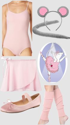 a pink ballet outfit with mouse ears and headbands, shoes, and socks