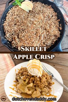 an apple crisp is shown in two different pictures