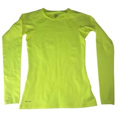 Nike Pro Neon Fluorescent Shirt Long Sleeve Yellow Highlighter Hi Vis. Size Women's Small. Made in China. 88% Polyester. 12% Spandex. See photos for measurements. Fitted Nike Shirt For Sports, Nike Fitted Shirt For Sports, Nike Fitted Sports Shirt, Fitted Nike Sports Shirt, Nike Basic Long Sleeve Tops, Basic Long Sleeve Nike Tops, Nike Green Long Sleeve Tops, Neon Orange Long Sleeve Shirt, Yellow Long Sleeve Hoodie Sportswear