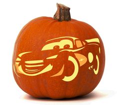 a carved pumpkin with a car on it