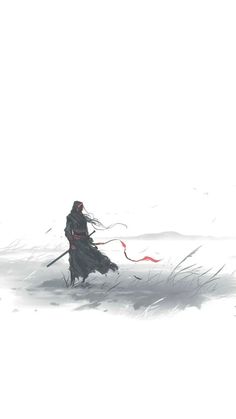 a man with long hair is walking through the snow holding a red kite in his hand