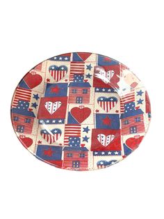 an american flag plate with hearts and stars on it