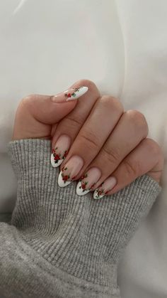 Christmas holly berry and leaves almond french tip nails Festive Almond Nails, Christmas Nail Ideas French Tips, Demure Christmas Nails, Nail Inspo Almond Valentines, Mistle Toe Nail Design, Christmas Nails Acrylic Almond Red, Cool Girl Christmas Nails, Christmas French Tips Almond, Christmas Nails Aesthetic Almond