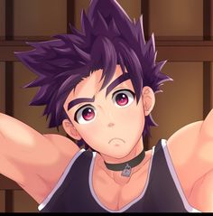 an anime character with purple hair and red eyes pointing to the side while wearing a black tank top