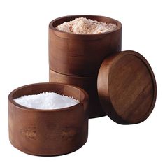 three wooden containers with white rice in them