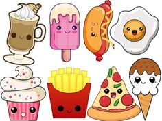 an assortment of food items including ice cream, hotdogs, and other foods