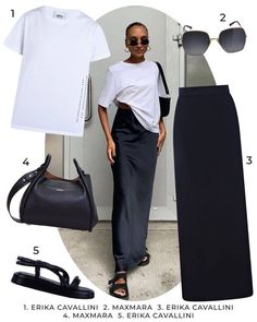 Chic Pleated Skirt Outfit, Relaxed Party Outfit, Sporty Chic Outfits Spring, Classic French Style Woman, Maxi Slip Skirt Outfit, Spring Summer Outfits 2024, Black Maxi Skirt Outfit Ideas Summer, Long Black Skirt Outfit Casual, Black Slit Skirt Outfit