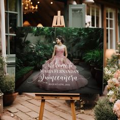 an easel with a photo of a woman in a pink dress on it and the words welcome to marara peranada's quinconagrara