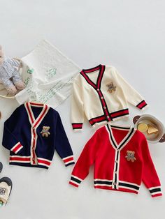 Add a playfully preppy twist to your little girl's look with our stripe trim cardigan. This fashionista must-have features stylish trim and an adorable teddy bear accent. Layer over any outfit and she'll instantly look OOTD-ready! High-quality knit fabric offers superior comfort, so your precious baby can stay warm through chilly days. Cold weather can't stop her from looking oh-so-fab! Versatile style makes it easy to mix, match, and layer with other pieces. Endless outfit options for your little fashionista! Perfect for fall, winter, outdoor strolls, shopping dates with Mommy, parties, and fashion photoshoots Long-sleeve cardigan sweater with striped trim and fuzzy teddy bear accent Available in sizes 4T-10Y Preppy Long Sleeve Fall Sweater, Preppy Long Sleeve Cotton Cardigan, Preppy Long Sleeve Cardigan For Spring, Preppy Long Sleeve Spring Cardigan, Preppy Cotton Cardigan With Long Sleeves, Cute Red Long Sleeve Cardigan, Birthday Sweater, Outfit Options, Sleeve Cardigan