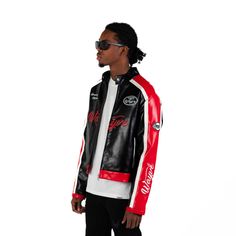 The Leather Motor Jacket in Black, Red & White is a luxury leather jacket with a boxy fit. It high build embroidered patch artwork. The jacket has zips to the cuffs, hem adjuster tabs with cobrax poppers. It has a quilted lining, popper closure to the neck and is finished with the Wayve branding to the front. Boxy Fit 100% Leather Quilted Lining Champions Artwork High Build Embroidery Cuff Zips & Hem Adjuster Tabs Model is 6ft and is wearing size Small PLEASE NOTE: THIS ITEM IS A MADE TO ORDER I Motor Jacket, Racer Jacket, Jersey Style, Racing Jacket, Denim Accessories, Embroidered Patch, Trinidad, Style Ideas, Embroidered Patches