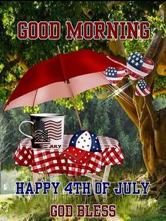 an image of a happy fourth of july greeting card with coffee and american flag decorations