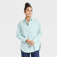 Women's Oversized Long Sleeve Collared Button-Down Shirt - Universal Thread™ Trendy Long Sleeve Shirt For Daywear, Oversized Long Sleeve Flannel Shirt, Oversized Long Sleeve Shirt For Everyday, Fitted Tunic, Oversized Long Sleeve, Long Sleeve Flannel, Slim Fit Shorts, Hem Style, Tunic Length