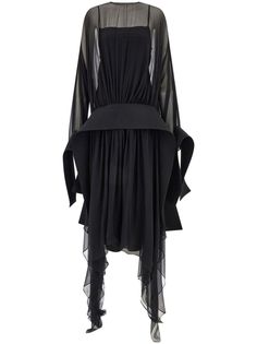 black silk crepon layered design draped detailing gathered detailing rounded collar extra-long sleeves asymmetric hem Evening Dress Black, Extra Long Sleeves, City Dress, Black Evening Dresses, Layered Design, Layers Design, Black Silk, Asymmetric Hem, Chiffon Dress