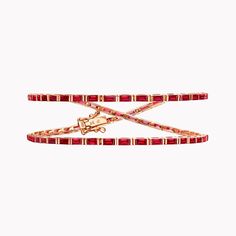 An MG Exclusive. This long wrap bracelet hosts 5.60 carats of baguette cut rubies set seamlessly in 18K yellow or rose gold. One of our most-loved designs, we redesigned the Maia wrap to include these vibrant gemstones. Each deep red ruby is offset by the unique gold setting, creating an unbroken line of simple eleganc Luxury Ruby Baguette Cut Jewelry, Luxury Red Baguette Diamond Jewelry, Luxury Red Ruby Bracelets, Red Baguette Cut Jewelry With Baguette Diamonds, Red Baguette Cut Diamond Jewelry, Red Baguette-cut Lab-created Ruby Jewelry, Red Baguette Cut Lab-created Ruby Jewelry, Sapphire Choker, Red Ruby