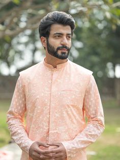 Vastramay Mens Peach And White Cotton Jacket, Kurta And Pyjama Set Spring Cotton Long Sleeve Sherwani, Long Sleeve Peach Kurta For Festive Occasions, Peach Long Sleeve Kurta For Festive Occasion, Orange Long Sleeve Kurta For Spring, Peach Long Sleeve Kurta For Eid, Long Sleeve Peach Sets For Eid, Peach Long Sleeve Sets For Spring, Festive Peach Long Sleeve Sets, Traditional Pink Nehru Jacket With Long Sleeves