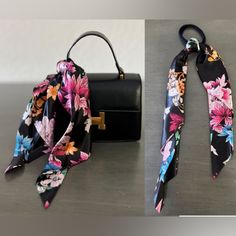 This Is A Black & Pink Floral Scarf On An Elastic Tie. The Scarf Can Be Detached And Used As A Purse Scarf. - Scarf Measures: 18" X 18" - Satin Look - Soft Hair Tie - Scarf Can Be Tied To A Purse To Add Visual Interest Or A Pop Of Color Purse Available In Boutique! From A Smoke-Free, Pet-Free Home. Elegant Black Bags With Floral Print, Chic Flower-shaped Bags For Spring, Black Bags For Spring Gifts, Black Bags For Spring Season Gifts, Chic Summer Flower-shaped Bag, Chic Flower-shaped Summer Bags, Black Bags With Floral Print For Gifts, Floral Print Bags For Summer Day Out, Summer Floral Print Bags For Day Out