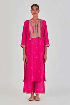 Fuchsia pink three fourth sleeves A-line silk kurta with ornate vine Marodi embroidery using gold zari thread work on the yoke and buta detailing. Paired with an embroidered hem palazzo. - Aza Fashions Elegant Pink Sets With Motifs, Pink Kurta With Motifs For Festivals, Pink Kurta With Motifs For Wedding, Festive Pink Kurta With Motifs, Pink Kurta With Motifs For Eid, Marodi Embroidery, Kurta With Palazzo, Organza Embroidery, Embroidered Hem