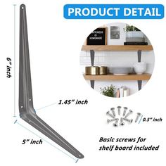 an image of a metal shelf brackets with measurements for each section and the product details below