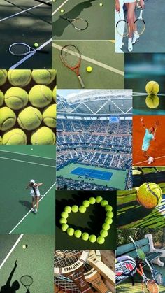 a collage of tennis players and their shadows on the court, with balls all over them