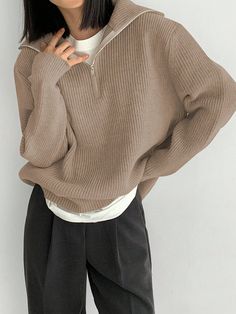 Casual Everyday Half Zipper Oversized Knit Sweater, Autumn/Winter Mocha Brown Casual  Long Sleeve Fabric Plain Pullovers Medium Stretch  Women Clothing, size features are:Bust: ,Length: ,Sleeve Length: Casual Pullover Sweater, Oversize Pullover, Pull Oversize, Long Sleeve Pullover Sweater, Oversized Knitted Sweaters, Oversize Knit, Long Sleeve Knit Sweaters, Oversized Pullover, Cardigan Sweaters For Women