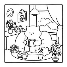 a black and white drawing of a teddy bear sitting on a couch reading a book