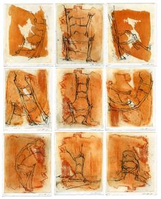 nine drawings of different shapes and sizes in orange, brown and white ink on paper