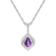 Add timeless elegance to your jewelry collection with this Sterling Silver Amethyst Pendant. Add timeless elegance to your jewelry collection with this Sterling Silver Amethyst Pendant. FEATURES Pendant dimensions: 0.56''x0.39'' Chain length: 18 in. Chain type: rope Clasp: spring-ring Nickel free Metal: sterling silver Plating: rhodium Finish: polished Packaging: boxedSTONE DETAILS Stone type: amethyst, lab-created white sapphire Total weight: 1 ct. Center stone weight: 5/8 ct. Center stone size Elegant Purple Jewelry With Diamond Accents, Elegant Amethyst Birthstone Necklace, Classic Purple Necklace For Anniversary, Elegant Purple Amethyst Necklace, Classic Lavender Jewelry For Formal Occasions, Formal Amethyst Birthstone Necklace, Classic Amethyst Necklaces For Wedding, Elegant Amethyst Necklace For Anniversary, Elegant Purple Birthstone Jewelry