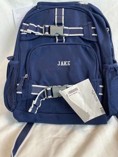 Pottery Barn Kids Navy Blue SM Backpack Mono Jake Navy School Bag For Back To School, Casual Blue Backpack With Adjustable Straps, Navy School Backpack With Adjustable Strap, Navy Casual Backpack With Adjustable Strap, Casual Navy School Backpack, Casual Navy Backpack Bag, Casual Navy Standard Backpack, Casual Navy Backpack For Daily Use, Navy School Bag With Adjustable Strap