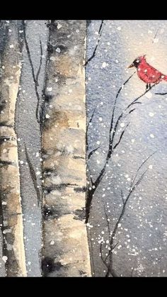 a painting of a red bird perched on a tree branch in the middle of winter