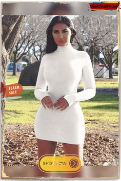 Autumn Winter Dress Casual Women High Collar Long Sleeved Slim Bodycon Mini Bottoming Dresses Robes Elegant White Non-stretch Bodycon Dress, White Stretch Bodycon Dress For Fall, White Long Sleeve Solid Color Mini Dress, White Bodycon Dress For Winter, White Knee-length Bodycon Dress For Fall, White Fitted Mini Dress For Winter, Fitted White Mini Dress For Winter, White Bodycon Mini Dress For Winter, White Knee-length Bodycon Dress For Winter