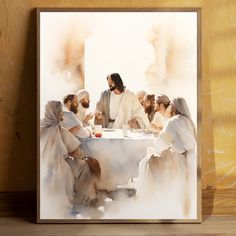 a painting of jesus sitting at a table surrounded by other people in white robes and turbans