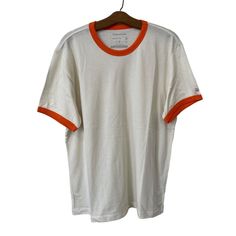 Homefield Crewneck Short Sleeve Ringer T Shirt Mens Xl Cream Orange Cotton Poly Cotton/Polyester Blend Cream With Orange Trim Brand: Homefield Short Sleeves Crew Neck Machine Washable Top To Bottom = 28 Inches, Armpit To Armpit = 22 Inches Features: Pullover Style Size: Mens Xl Condition: New Without Tags Modern Basic Tee T-Shirt Trendy Essentials Retro Classic Contemporary Fashion Stylish Daily Errands Everyday Outfit Fashionista Saturday Sunday Travel Vacation Summer Spring Everyday Comfortabl Casual Orange Cotton T-shirt, Sporty Orange Crew Neck Shirt, Retro Orange Cotton T-shirt, Orange Cotton Crew Neck Top, Casual Orange Cotton Shirt, Sporty Orange Cotton T-shirt, Trendy Essentials, Comfy Streetwear, Jnco Jeans