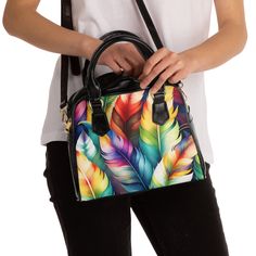 Rainbow Feather Boquet - Premium Handbag 9.45" x 8.27" Black Rainbow Feather, Feather Bouquet, Black Handles, Soft Bristle Brush, Zipper Top, Black Handle, The Rainbow, Fashion Lover, Fashion Games